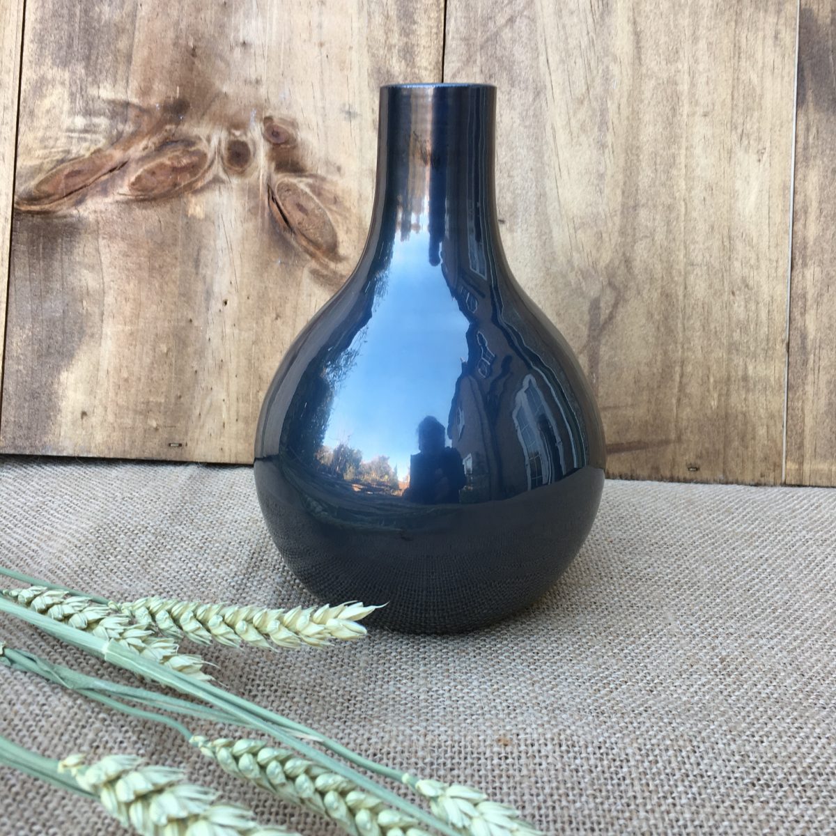 Handcrafted Bulb shaped Vase with smooth shiny Pewter coloured Glaze