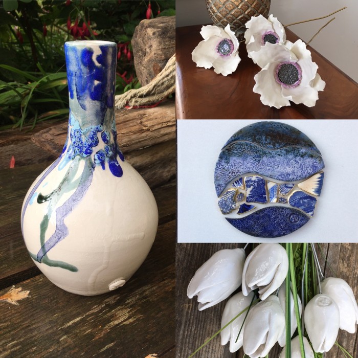 collection of ceramic vases and flowers in blue and white