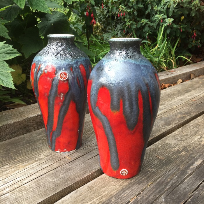 red mid century modern pottery vase