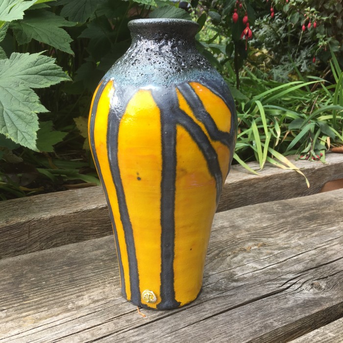 yellow and lava glaze mid century modern pottery vase